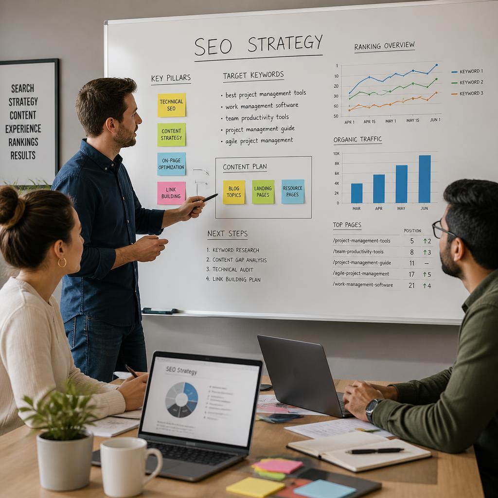 A professional team collaborating around a whiteboard during an SEO strategy workshop with sticky notes and ranking data charts visible